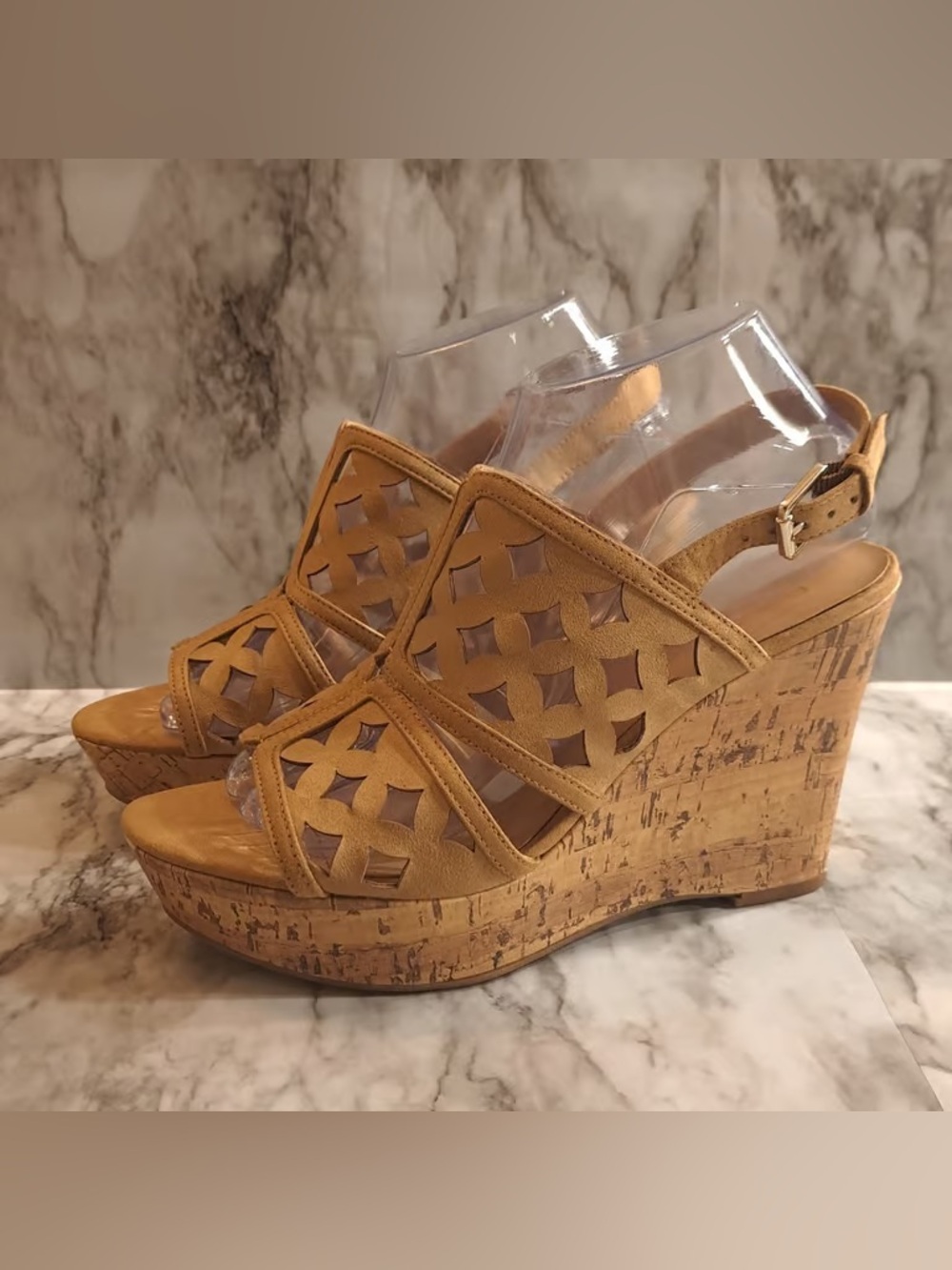 Time and Tru Tan Cork Wedge Sandals with Cutout Upper
